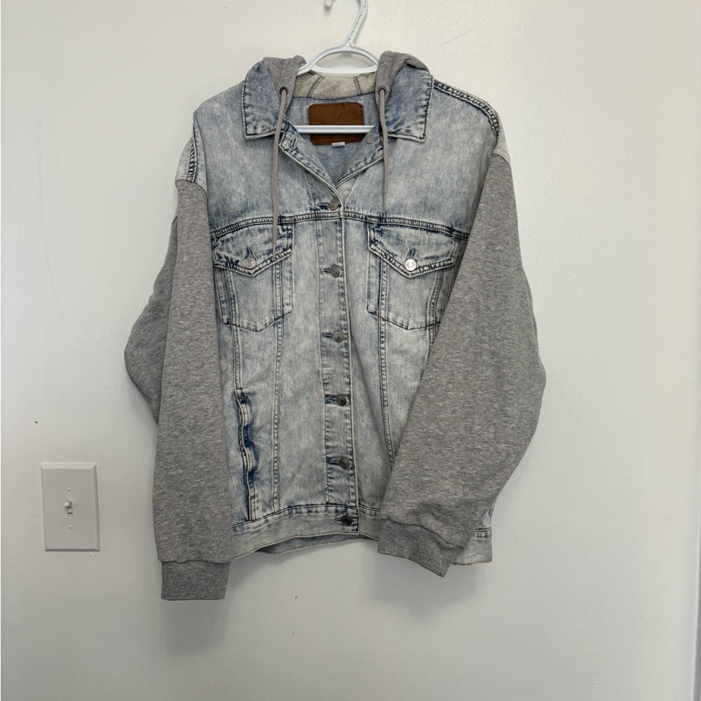 American Eagle Outfitters Light Blue Denim and Gray Hooded Jacket